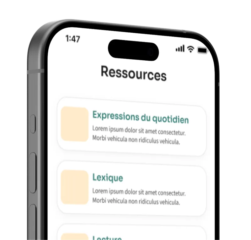 Écran de l'application montrant les ressources et le lexique
