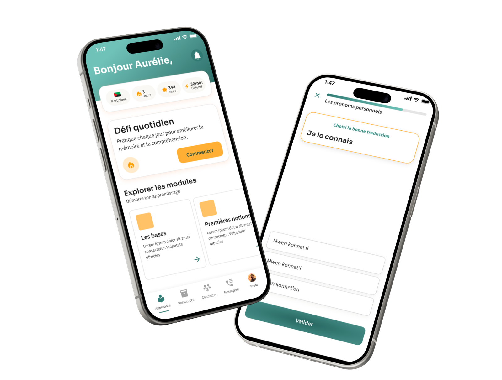 2 iphones avec les écrans de l'application